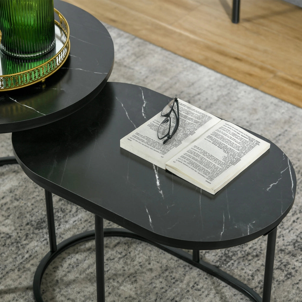 Set di 2 tavolini da caffè rotondo e ovale impilabili in MDF e acciaio effetto marmo colore nero