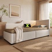 Letto imbottito singolo 90x190 cm con contenitore idraulico; lampada da lettura e USB-C; beige