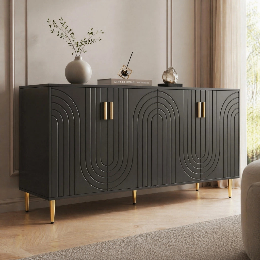 Credenza moderna 152x40x75 cm in MDF nero con frontali ondulati e maniglie dorate