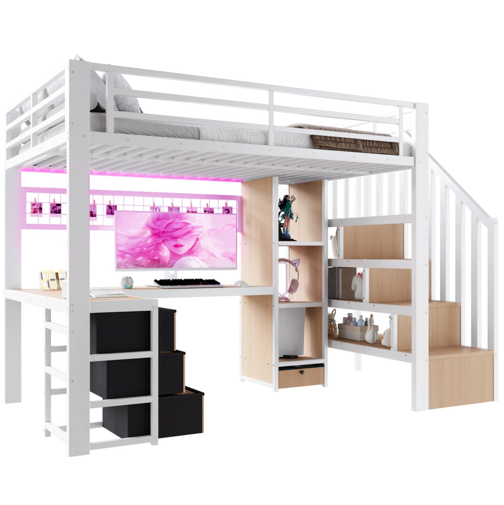Letto a soppalco 90 x 200 cm in metallo bianco con scrivania; LED; 4 cassetti e scale contenitore