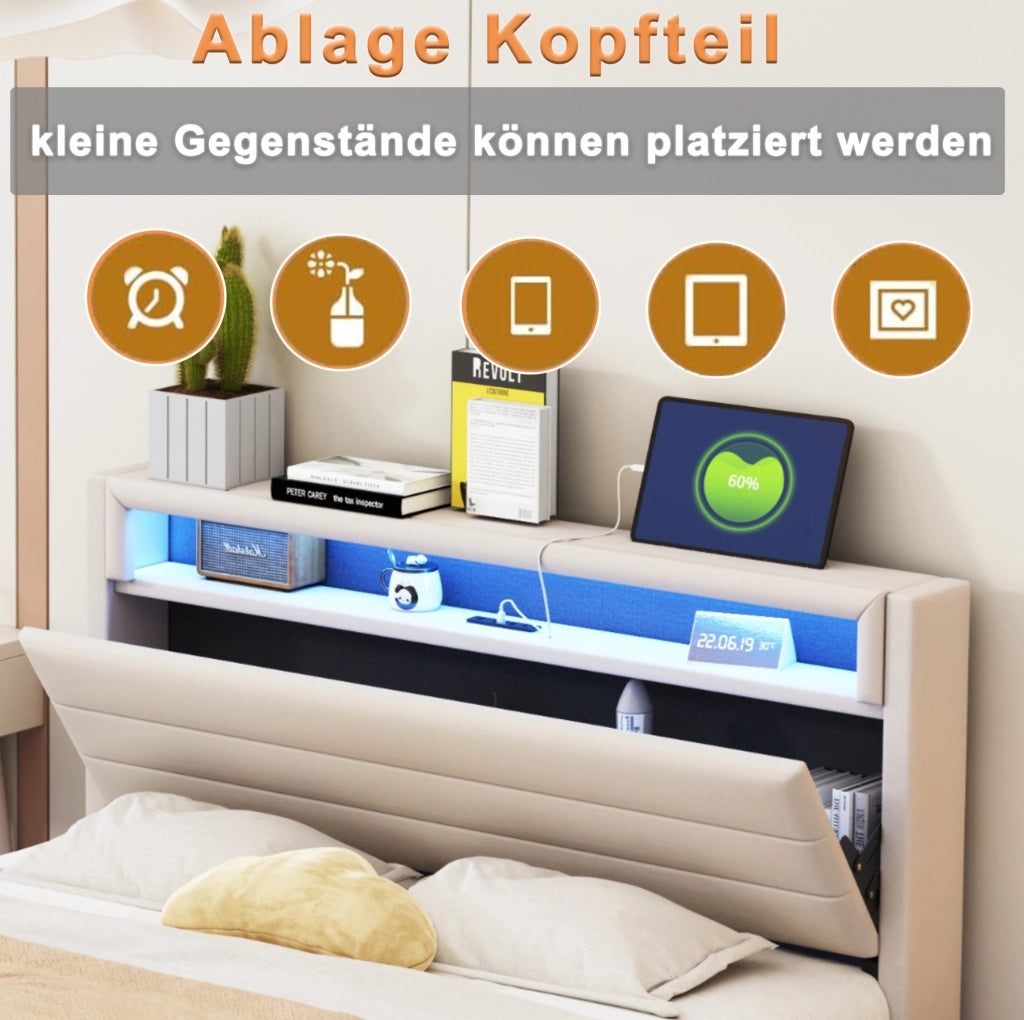 Letto matrimoniale imbottito 160x200 cm con LED e USB