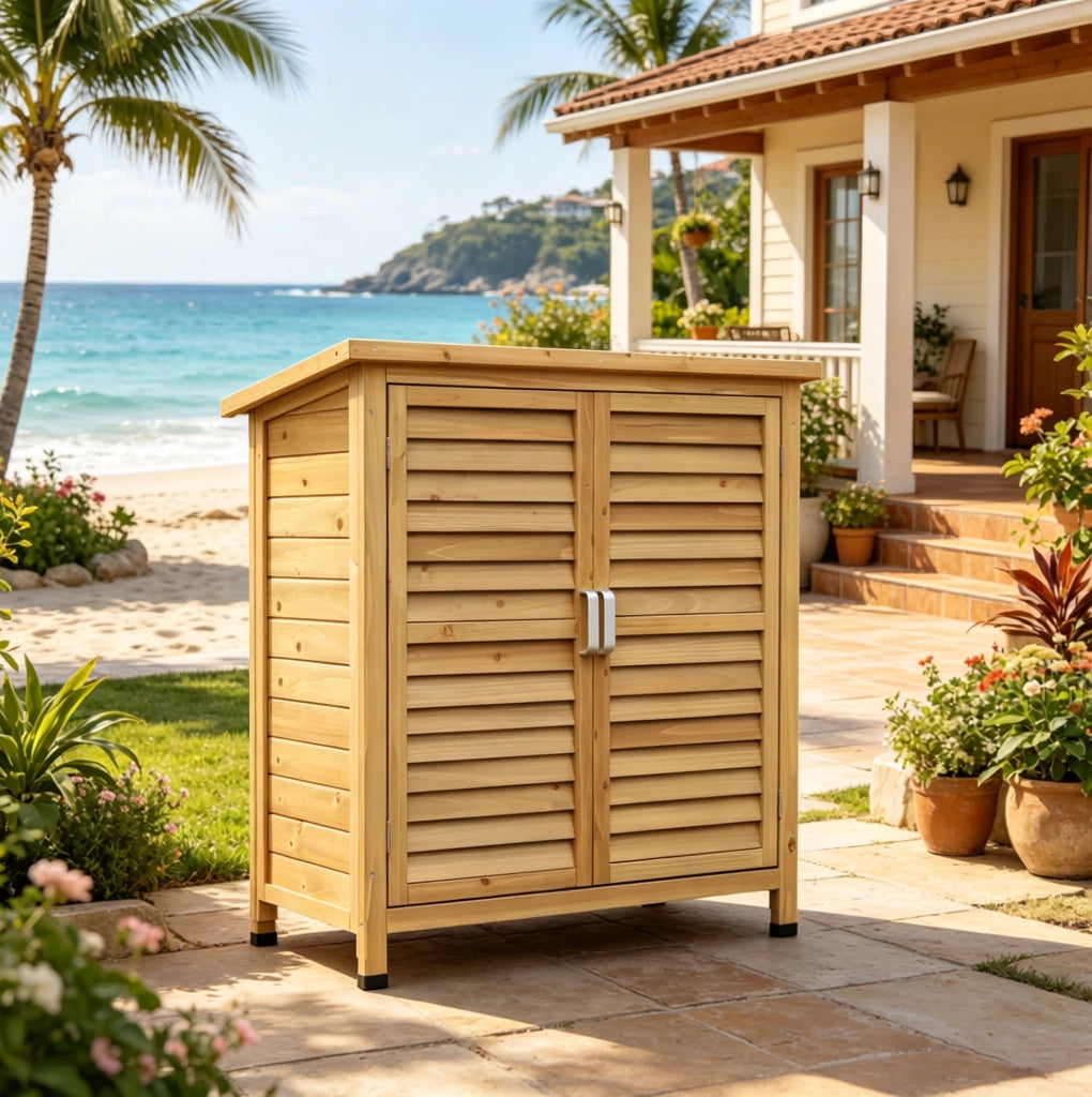 Armadio da esterno in legno di abete giallo con tetto impermeabile, 87x46,5x96,5 cm, spazio per attrezzi da giardino
