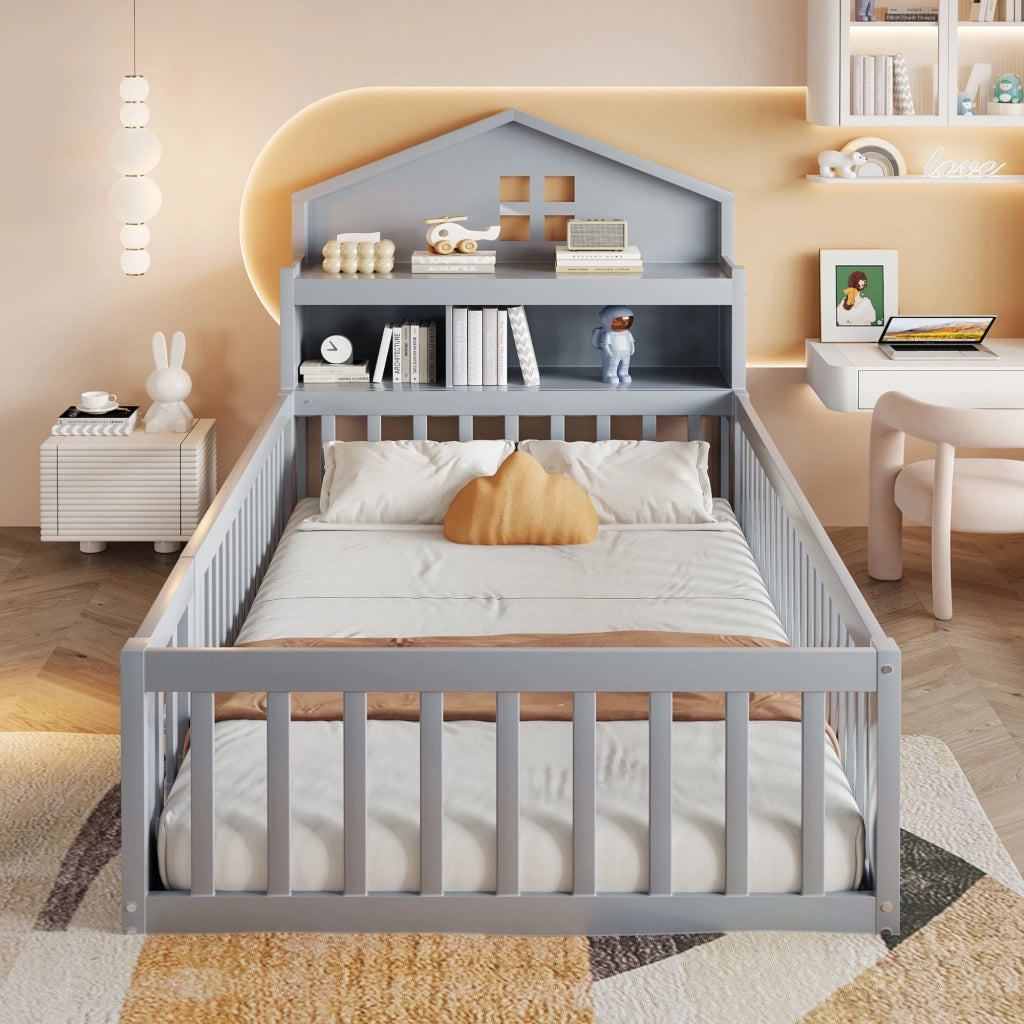 Letto a casetta 90 × 200 cm con ripiani e lavagna; barriera con porta; rete a doghe; grigio
