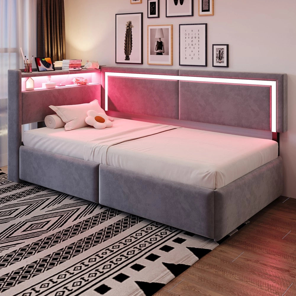 Letto Imbottito Contenitore con LED ¨C MINIMAL ¨C Velluto Grigio Chiaro 90x200