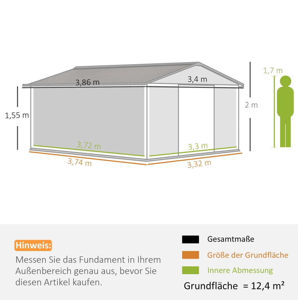 Capanno da Giardino 12,4 m² con Tetto a Padiglione e Porte Scorrevoli, Struttura in Acciaio Zincato, Dimensioni 340x386x200 cm, Marrone