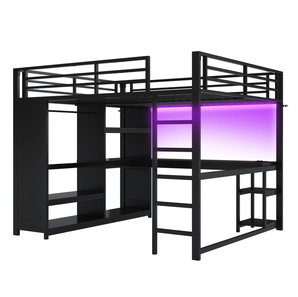 Letto a soppalco 160x200 cm in metallo nero con LED; scrivania; armadio aperto e ripiani