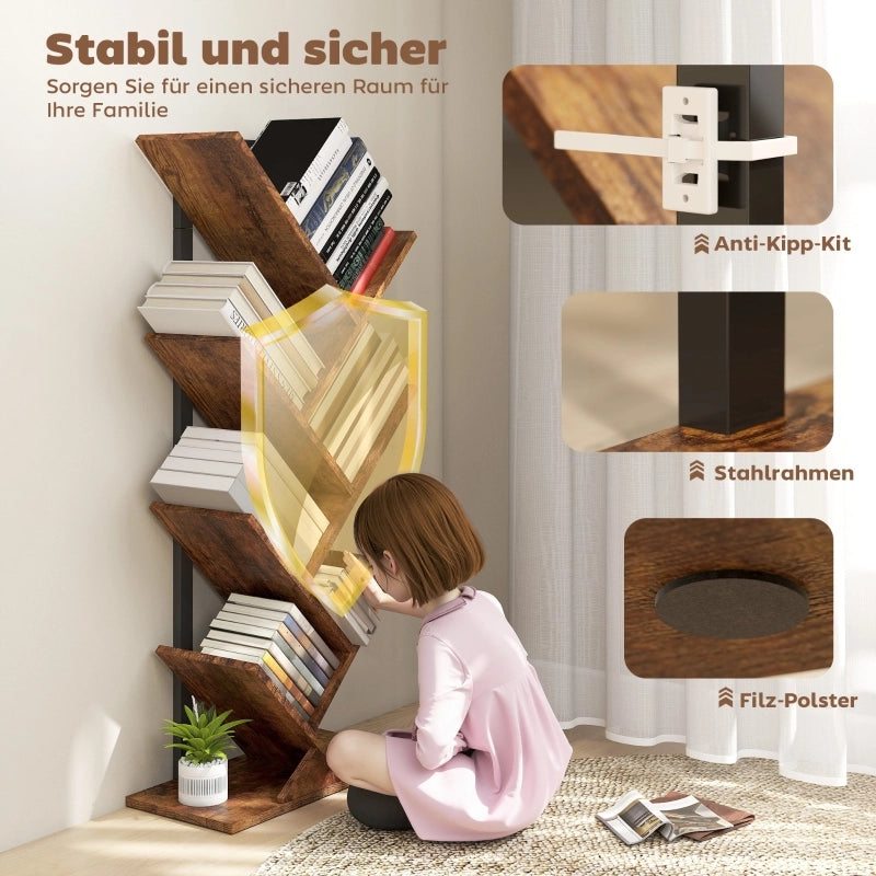Libreria ad albero stretta con 7 ripiani in legno e struttura in acciaio marrone rustico 50 × 24 × 109 cm