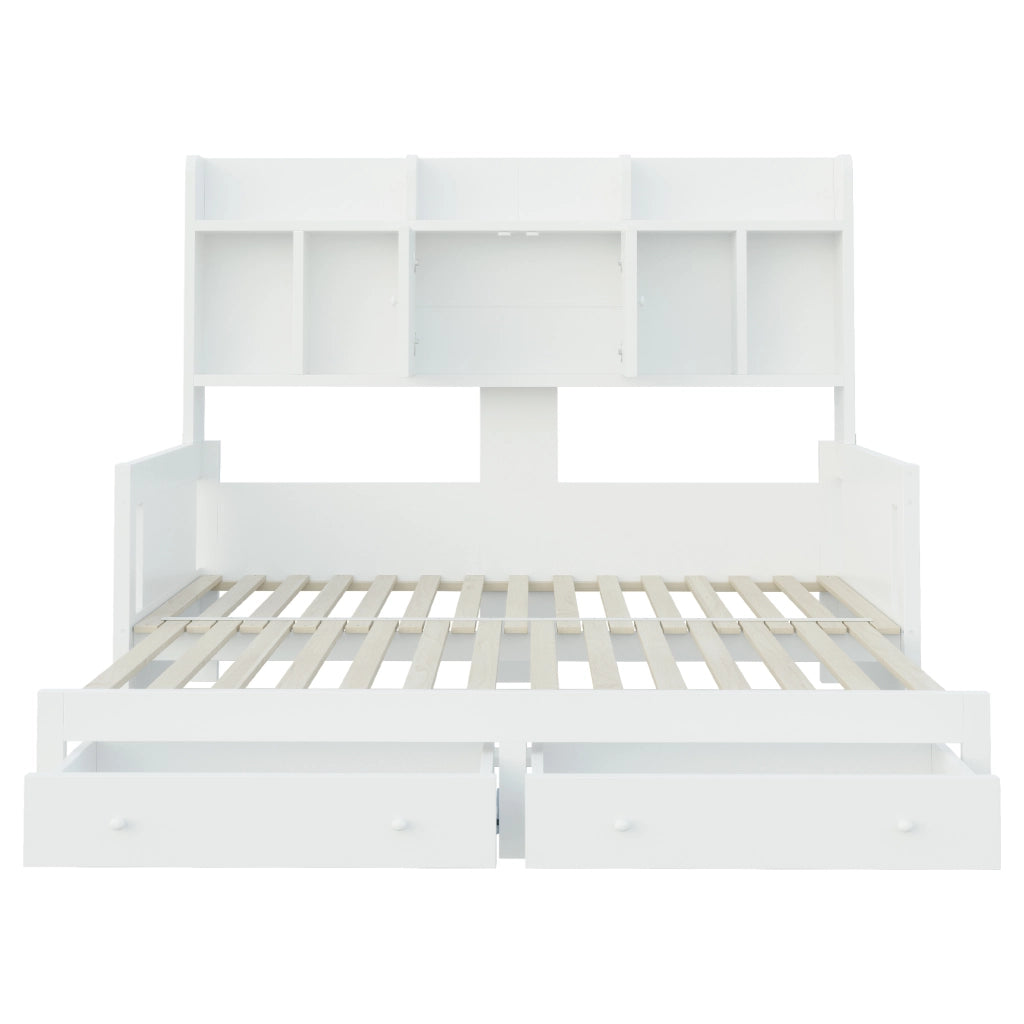 Divano Letto Estraibile in Legno 90x190 cm a 180x190 cm con Cassetti; Mensole; Prese e LED Bianco