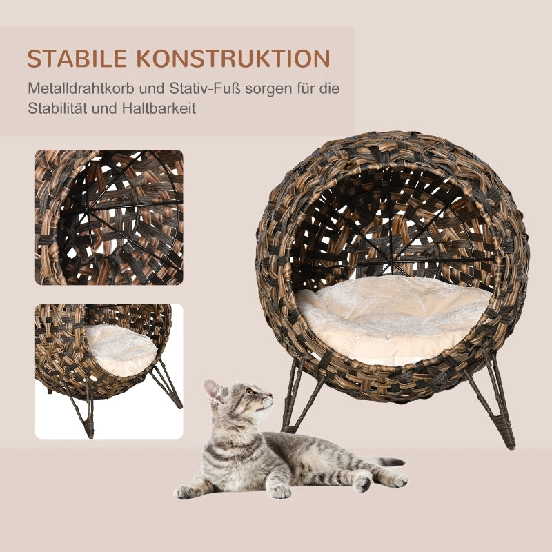 Cuccia per gatti in rattan PE con cuscino in velluto e poliestere base rialzata marrone