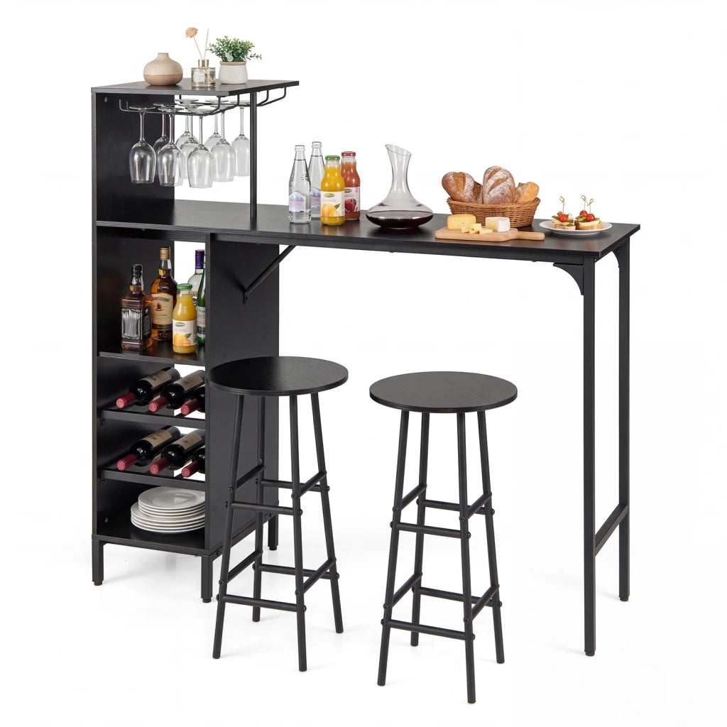 Set tavolo e sgabelli da bar 3 pezzi neri, design industriale, con portabicchieri e 6 portabottiglie, 120 cm, robusto, salvaspazio per casa