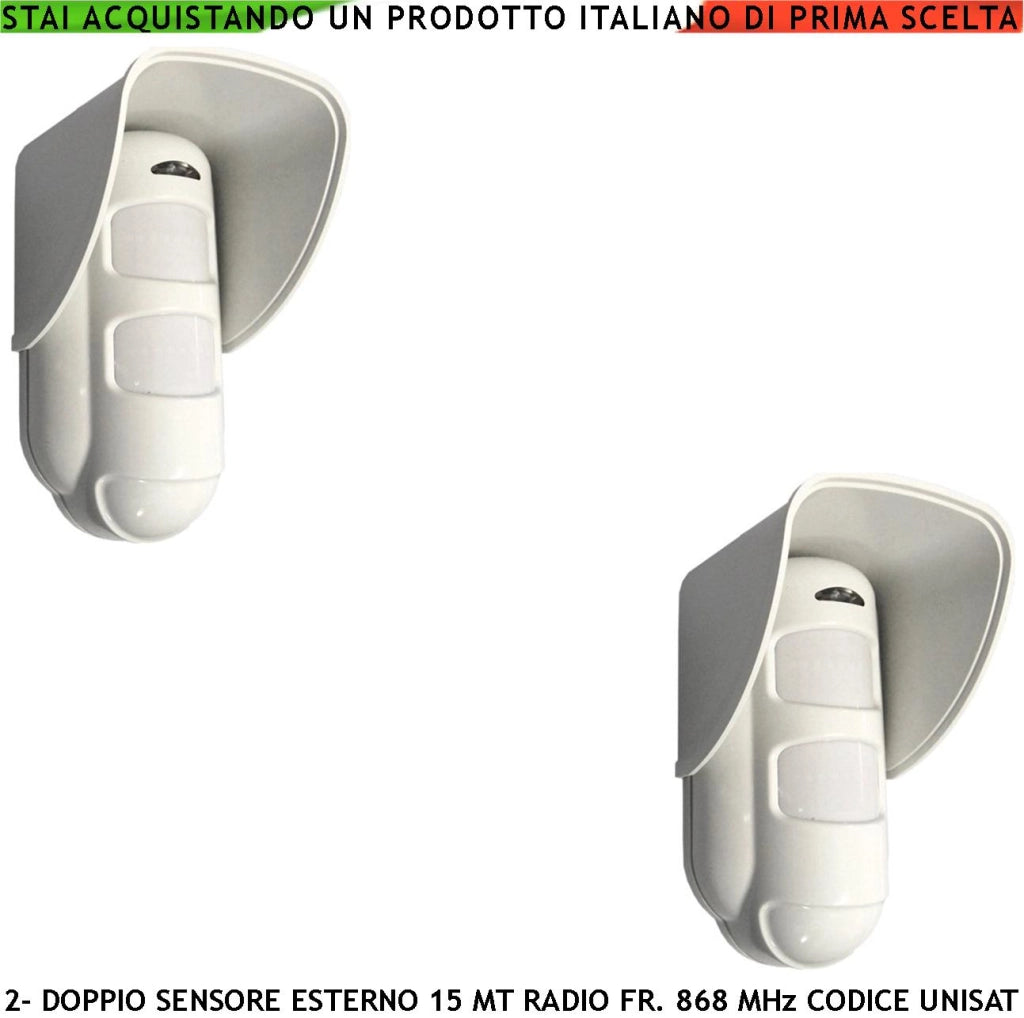 Sensore Movimento Doppia Tecnologia da Esterno IP54 Copertura 15 Metri Grandangolo o 25 Metri Tenda 2 Pezzi Via Radio Freq. 868 MHz Bidirezionale Codice UNISAT