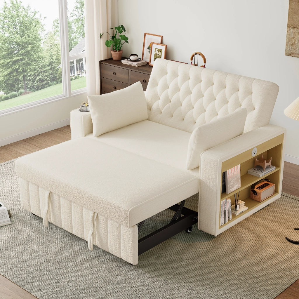 Divano letto 2 posti in ciniglia beige con schienale regolabile, USB, portabevande e 2 cuscini