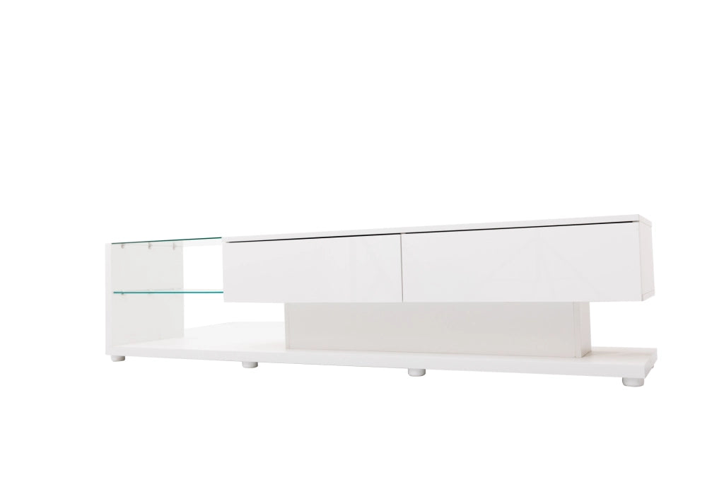 Mobile TV bianco lucido con LED regolabili e ampio spazio contenitivo, 170x38x36 cm