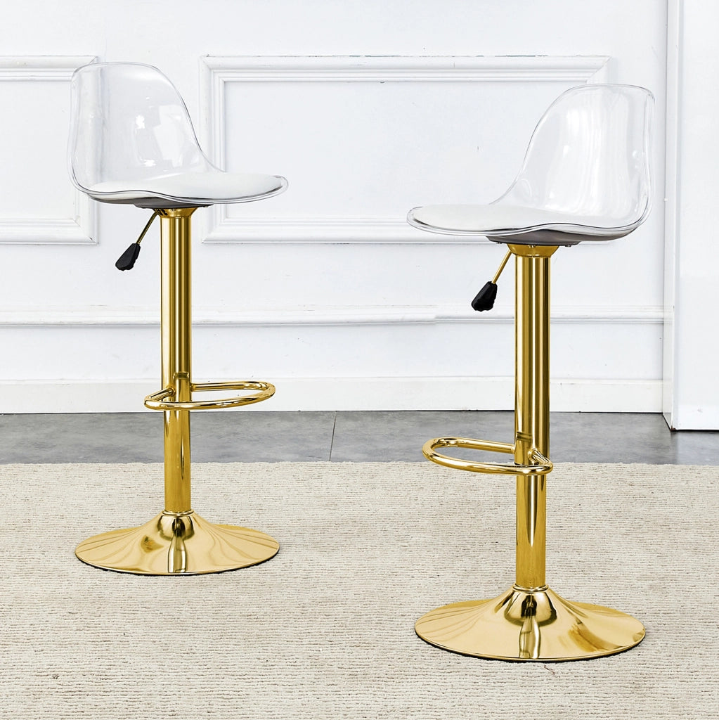 Set 2 sgabelli da bar regolabili 82-104 cm con schienale trasparente e base dorata HOMVRA