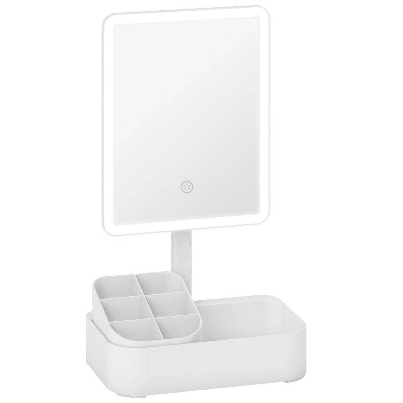 Specchio da trucco con luce LED ricaricabile bianco girevole a 180° con contenitore per cosmetici e cavo tipo C