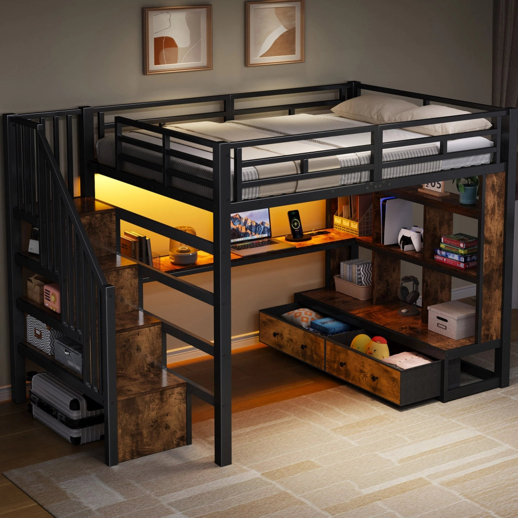 Letto a soppalco ULEVR 140x200 cm con scrivania, libreria, 2 cassetti, scala contenitore e LED, nero