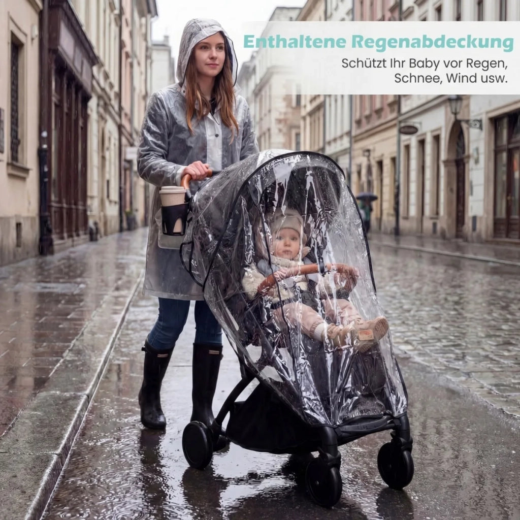 Foldable stroller with rain cover & adjustable backrest & footrest, travel buggy, grey