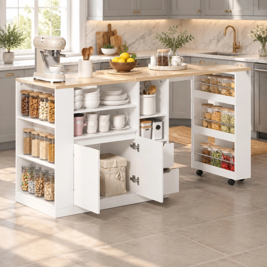 Mobile isola cucina con piano girevole estraibile due cassetti ripiano a tre livelli MDF bianco naturale 115 × 50 × 92 cm