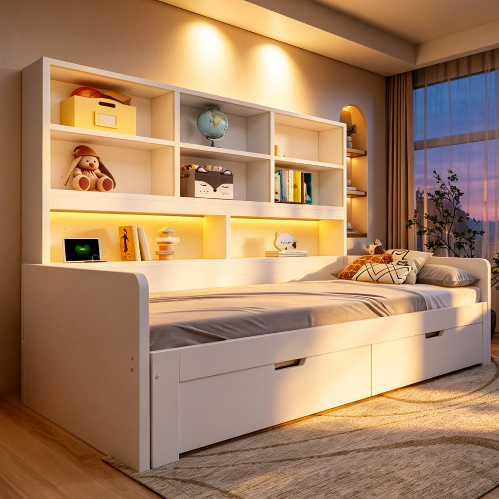 Letto a scomparsa multifunzione 90/180 x 200 cm con LED e prese; bianco