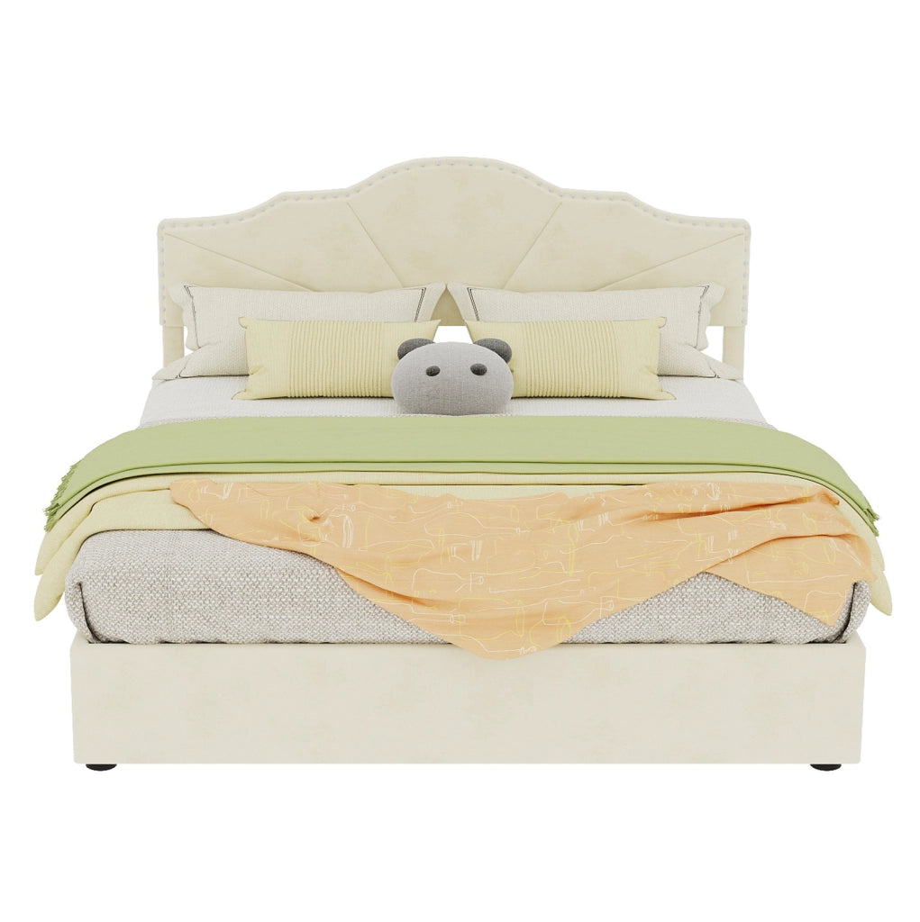 Letto moderno minimalista 160x200 cm beige con testiera imbottita e struttura contenitore con pistone pneumatico, materasso incluso