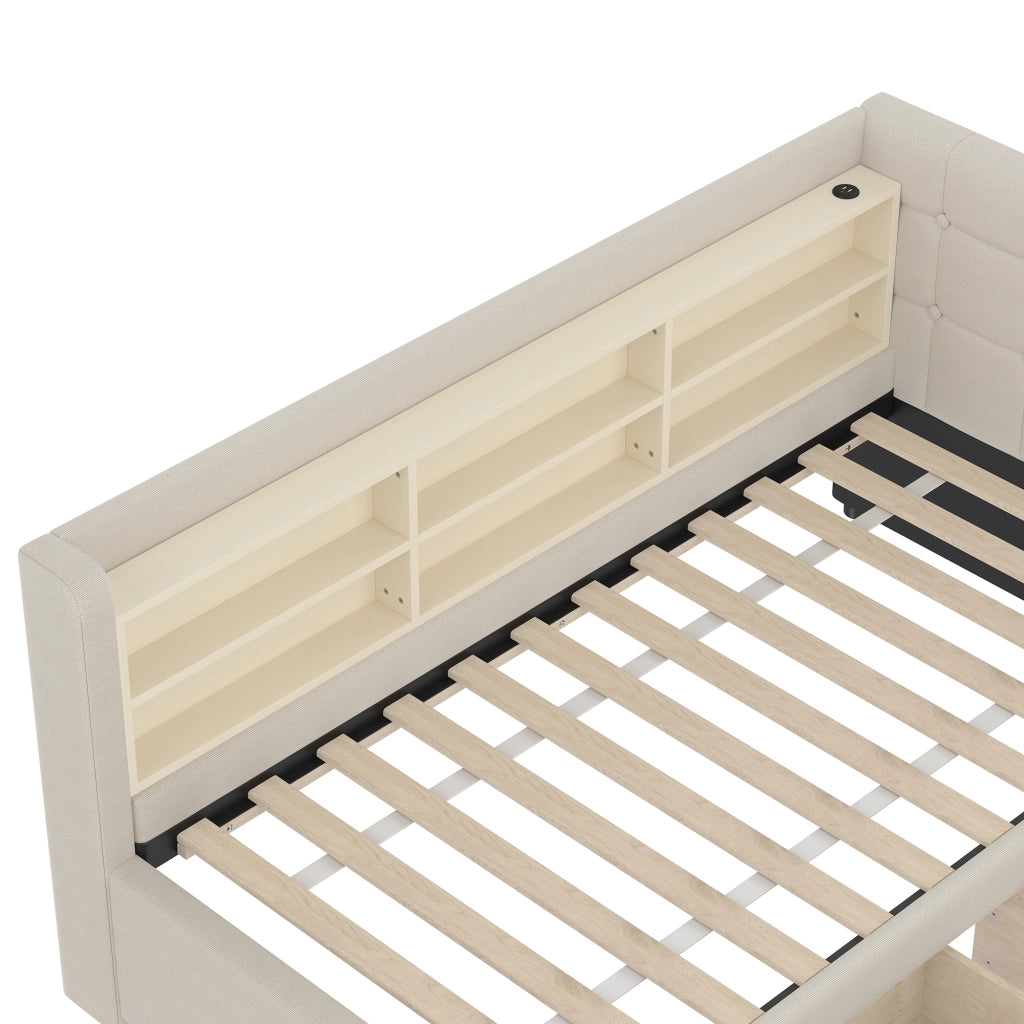 Letto da giorno 90x200 cm con 2 cassetti, USB e USB-C in lino e MDF beige