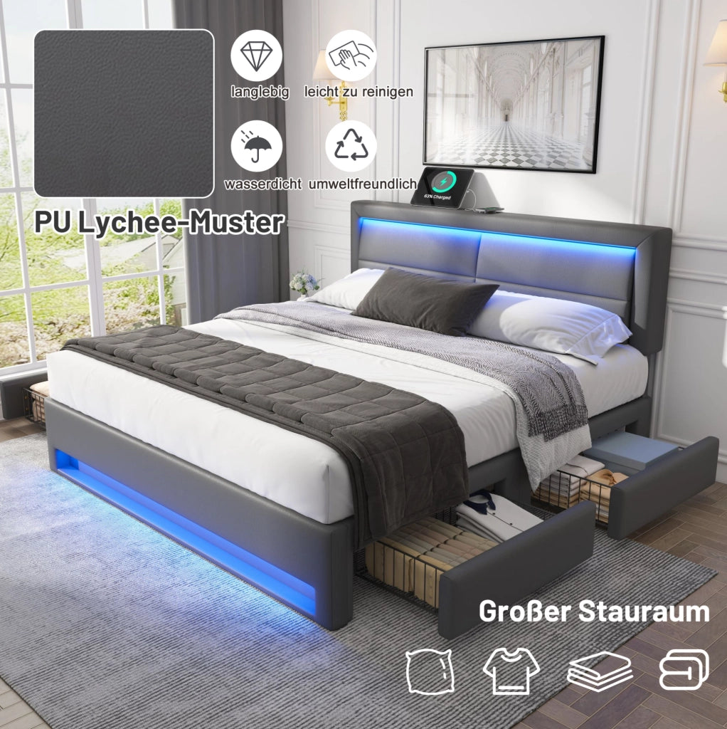 Letto imbottito 140x200 cm con LED, USB e 4 cassetti