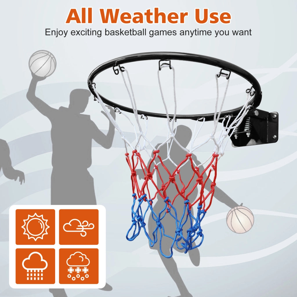 Canestro da Basket in Acciaio Nero 45,72 cm con Doppia Molla e Rete, per Installazione a Parete o a Terra, Uso Interno ed Esterno