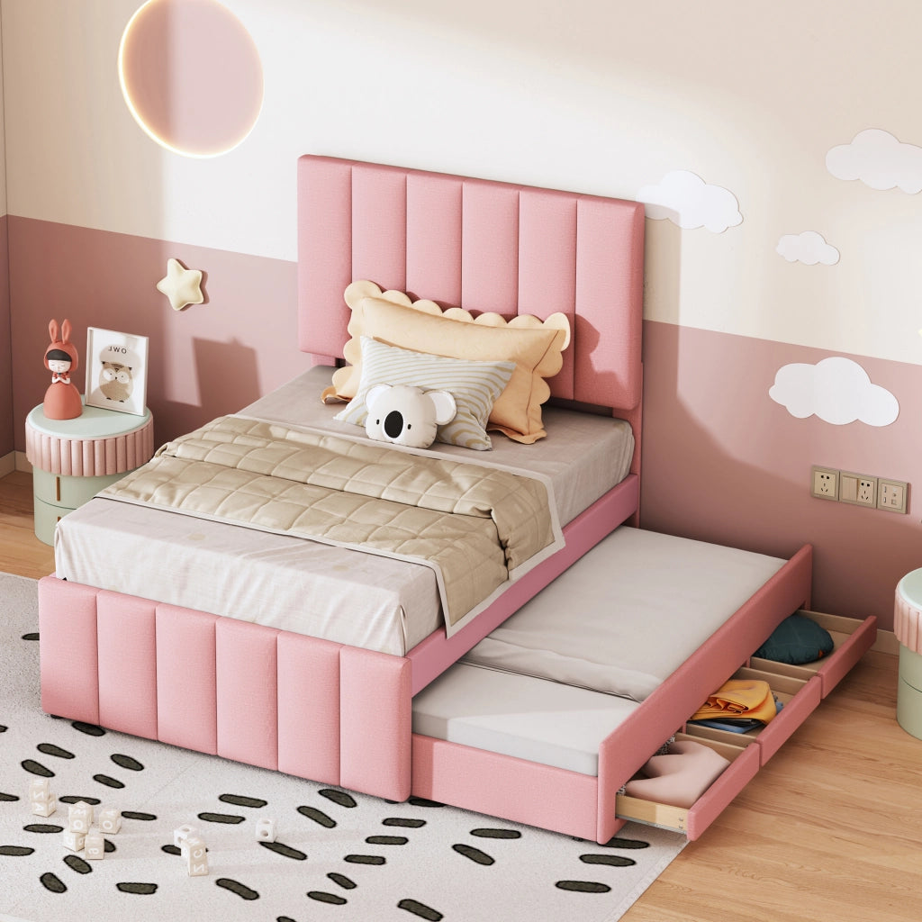 Letto con letto estraibile 90 × 200 cm con letto supplementare 90 × 190 cm e 3 cassetti rivestito in lino rosa