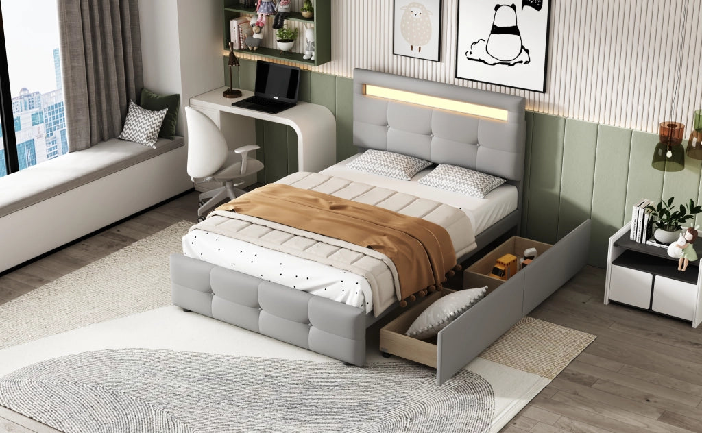 DESMIU Letto adulto 90 × 200 cm con 2 cassetti, LED, testiera regolabile, senza materasso, grigio