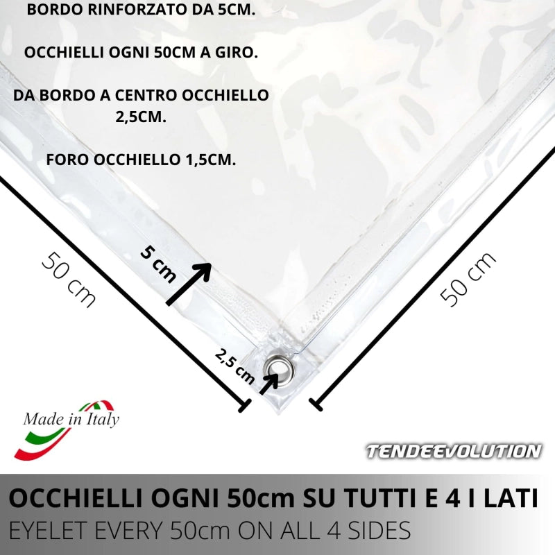 Telo PVC Trasparente 2,7x4m, 0,65mm Spessore, 750g/m² - Telo Cristal con Occhielli Ogni 50cm - Anti-UV, Impermeabile - Qualità Made in Italy