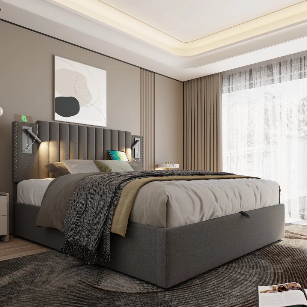 LETTO Contenitore 140x200 cm Grigio con testiera regolabile, luci lettura e USB