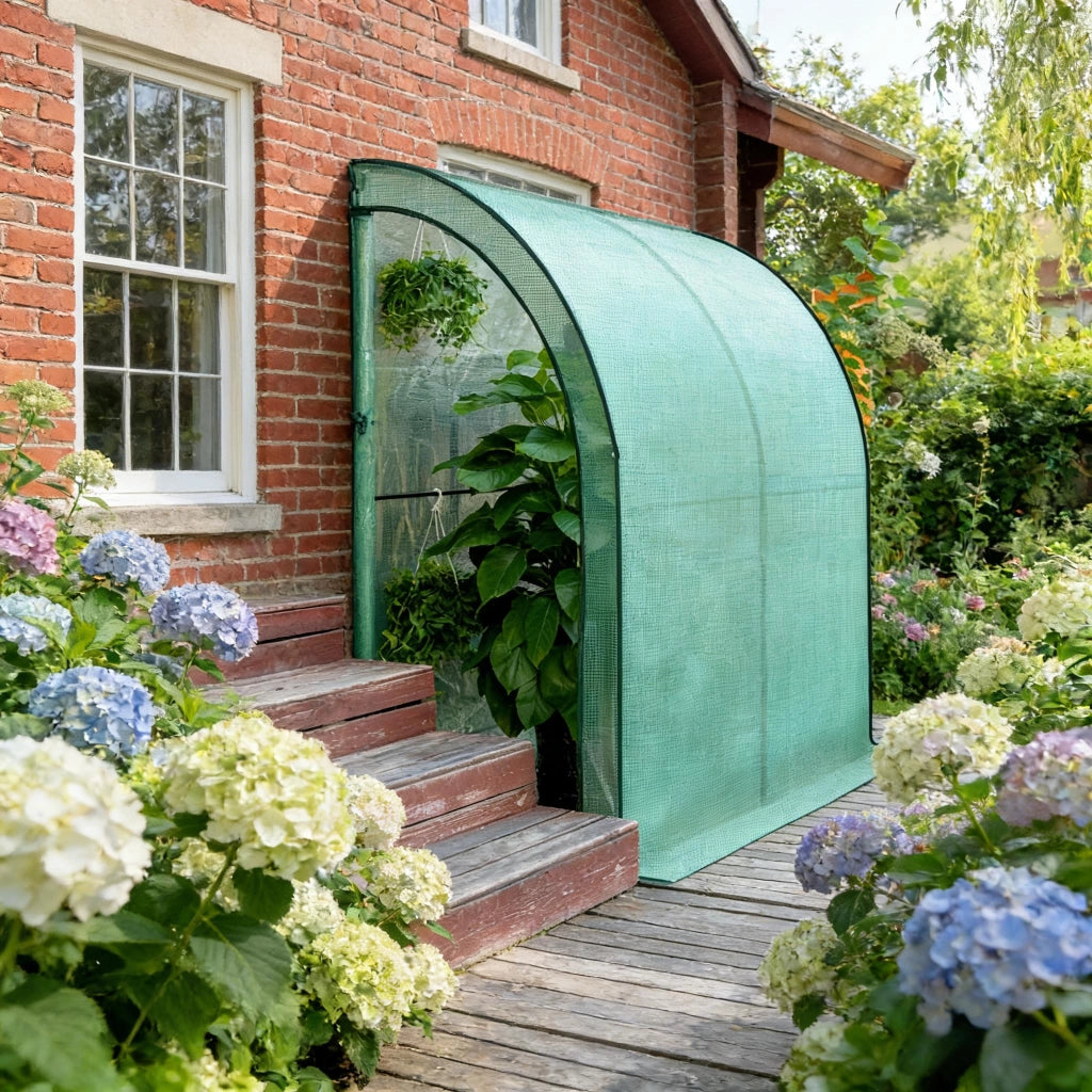 Serra da giardino addossata 200x100x210 cm in PE verde con telaio in metallo e 2 porte avvolgibili