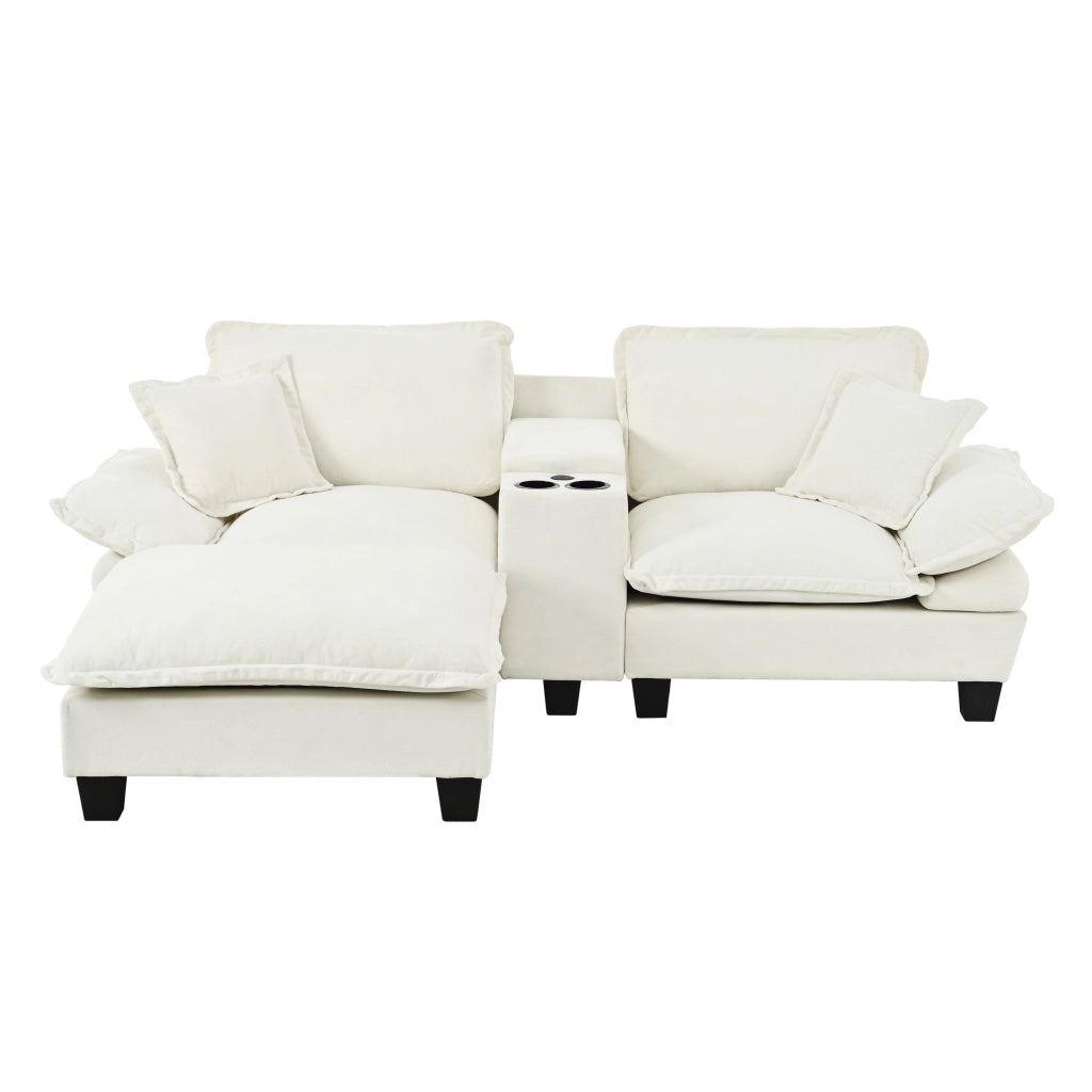 Divano Angolare Modulare con Ottomane ¨C MINIMAL ¨C Chenille Beige, Portabicchieri, USB, Cuscini