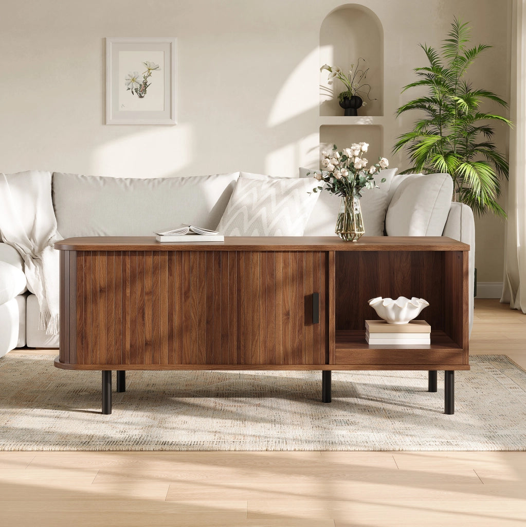 Tavolino da caffÃ¨ 110x40x55 cm con anta scorrevole in MDF e truciolare noce