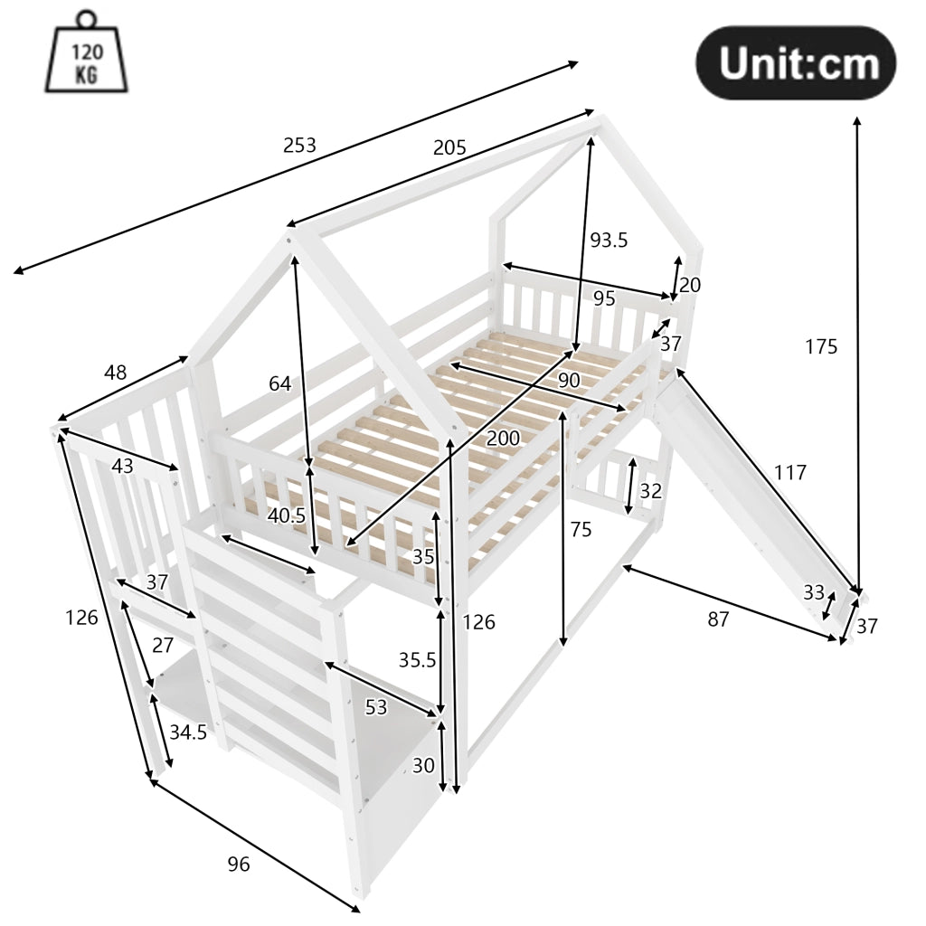 Letto a soppalco per bambini 90x200 cm in legno di pino e MDF, con scivolo e scala contenitore, bianco