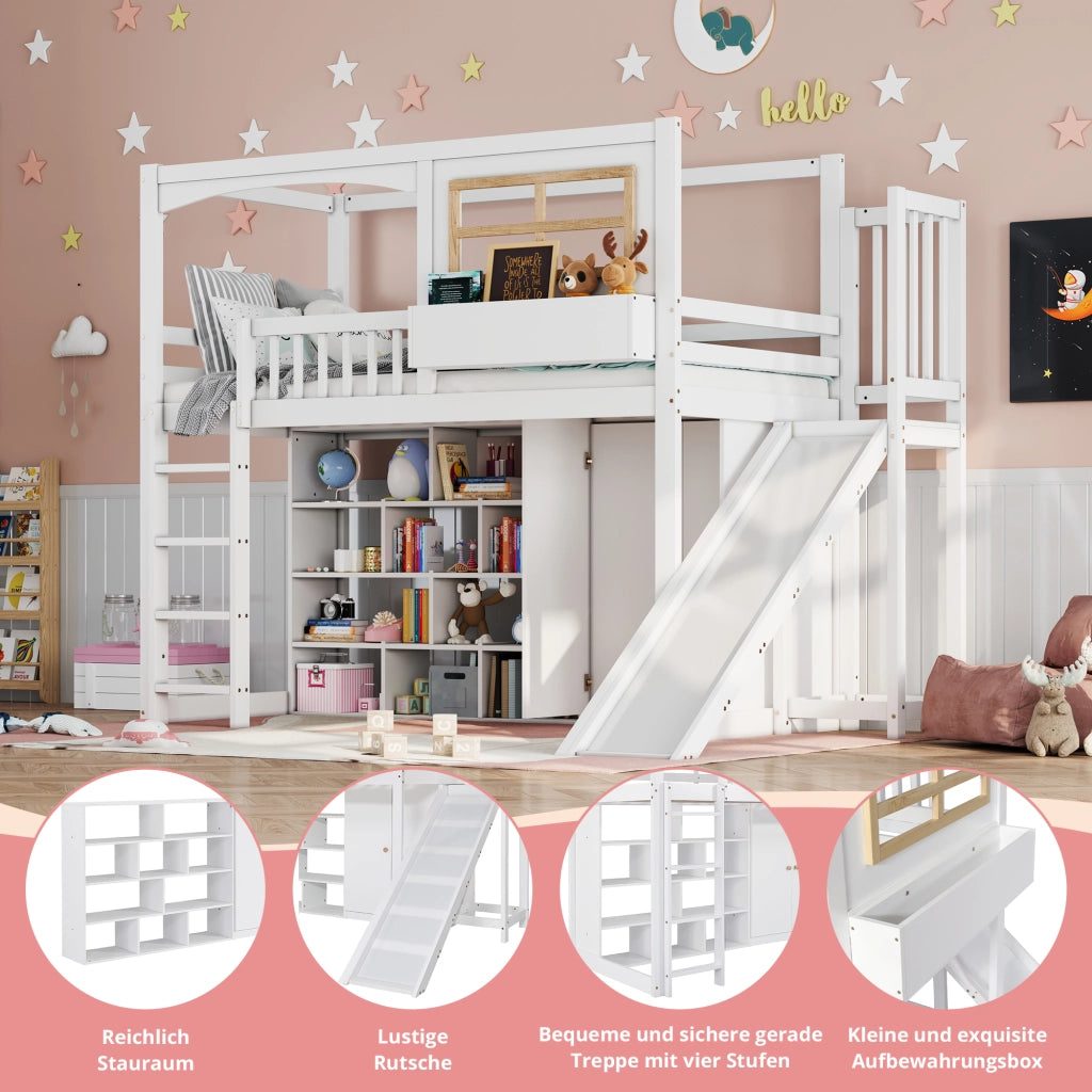 Letto a soppalco per bambini con scivolo; armadio e ripiani; in pino; MDF e compensato; bianco e naturale; 90x200 cm