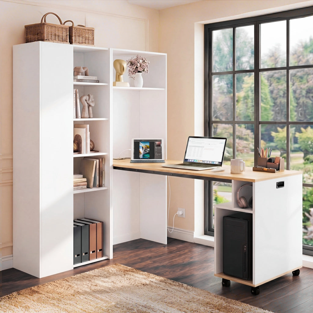 Scrivania pieghevole con libreria presa UE USB ripiani regolabili MDF bianco 104.5 × 30.5 × 160 cm