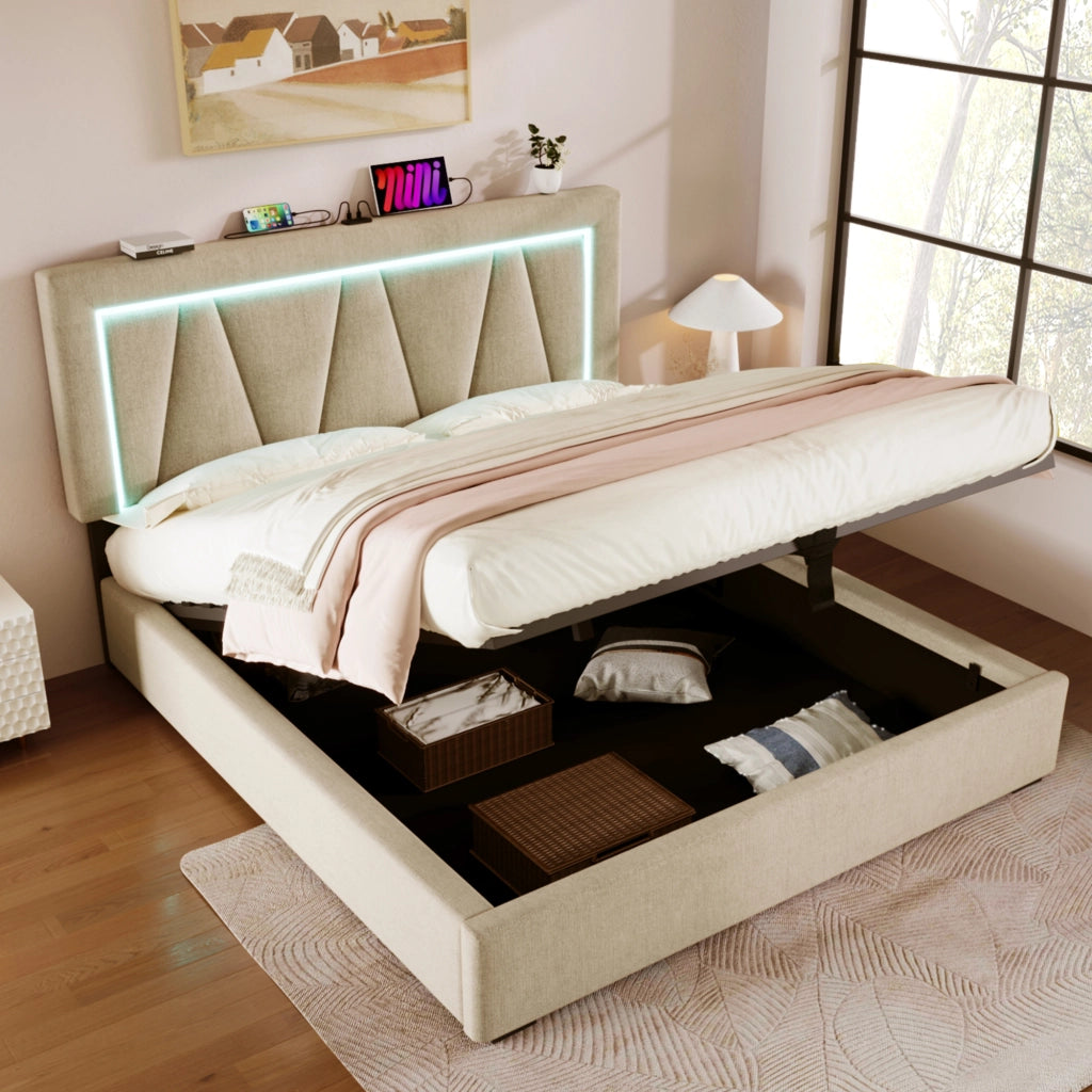 Letto Contenitore Matrimoniale 140 x 200 cm; USB e Tipo C; LED; Testiera Regolabile in Lino Beige