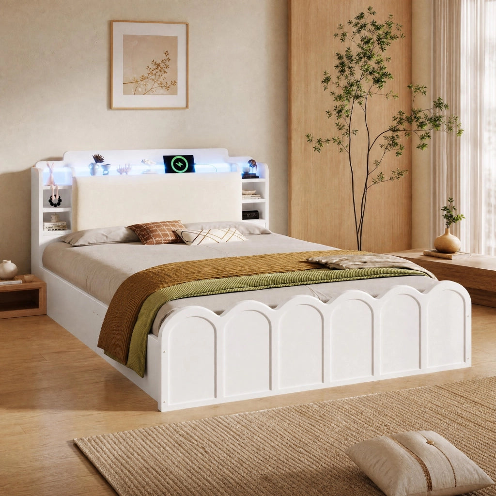 Letto 140x200 cm con contenitore idraulico, LED, USB e USB-C bianco