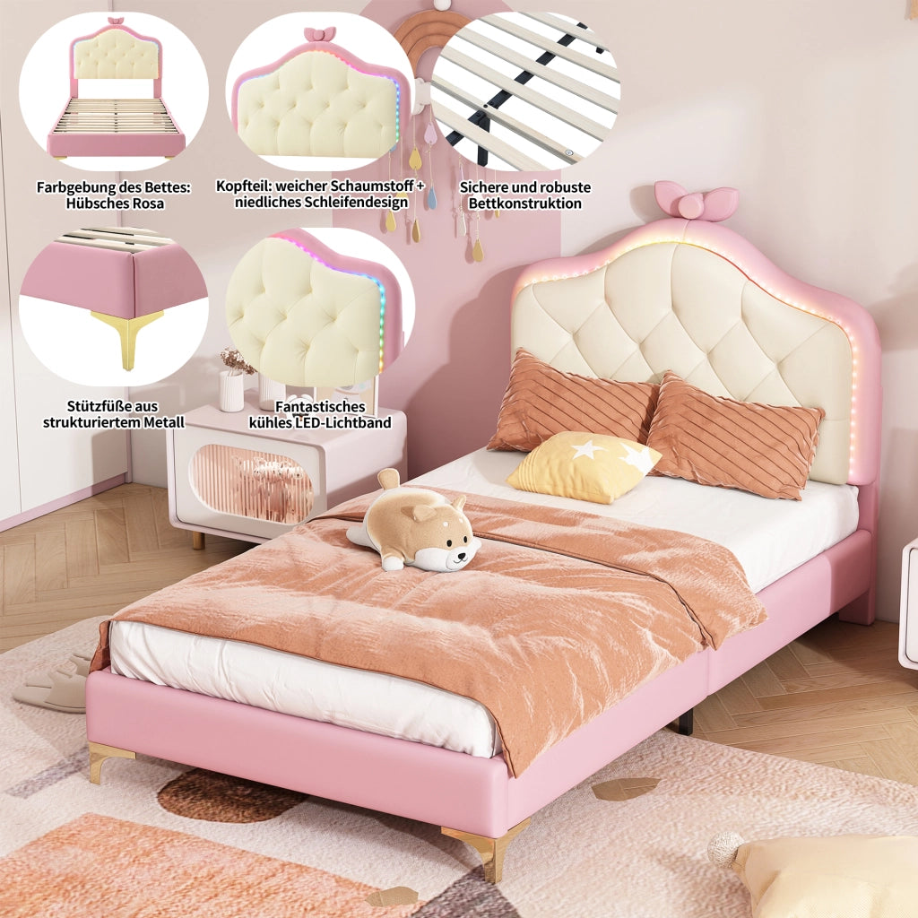 Letto singolo 90 × 200 cm con testiera imbottita LED multicolore fiocco rosa rete a doghe PU rosa e bianco per cameretta