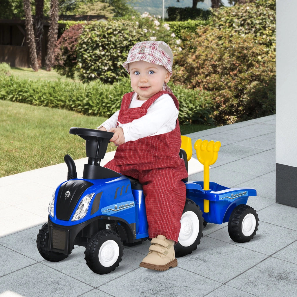 Trattore per Bambini Cavalcabile con Rimorchio, Rastrello e Pala, Gioco Educativo per Bimbi 12-36 Mesi, 91x29x44cm, Blu