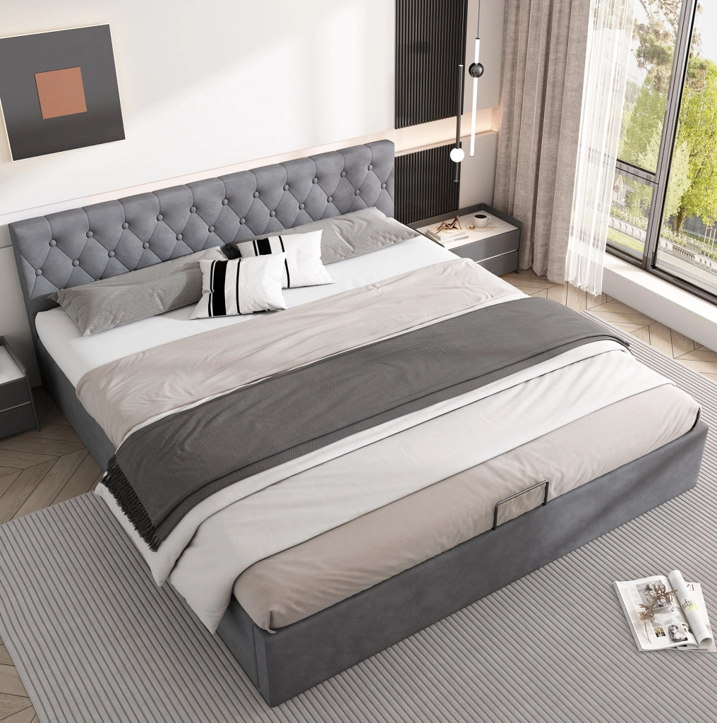 Letto matrimoniale 180x200 cm in velluto grigio con contenitore idraulico e testiera con bottoni