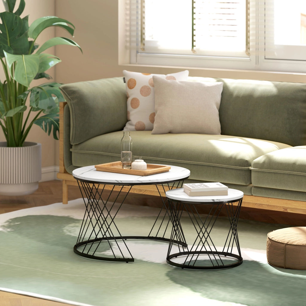 Set di 2 Tavolini da Salotto Sovrapponibili Rotondi Effetto Marmo Bianco e Metallo Design Moderno Salvaspazio per Casa