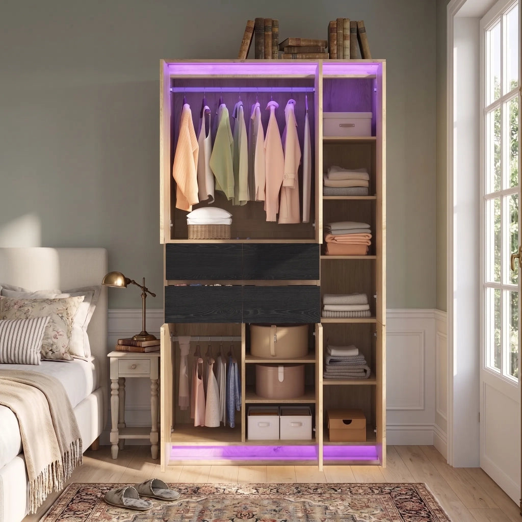 Armadio con specchio e illuminazione LED, 90x47x200 cm, antracite-rovere, 2 appendini, 4 cassetti, 9 vani, ante battenti
