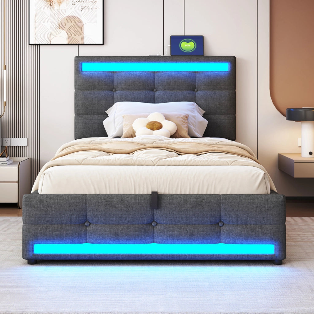 Letto imbottito LED con USB e contenitore visivo moderno