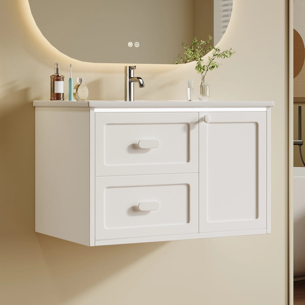 Mobiletto con lavabo sospeso in MDF e ceramica con LED a sensore radar; 2 cassetti bianco 76 × 46 × 51 cm