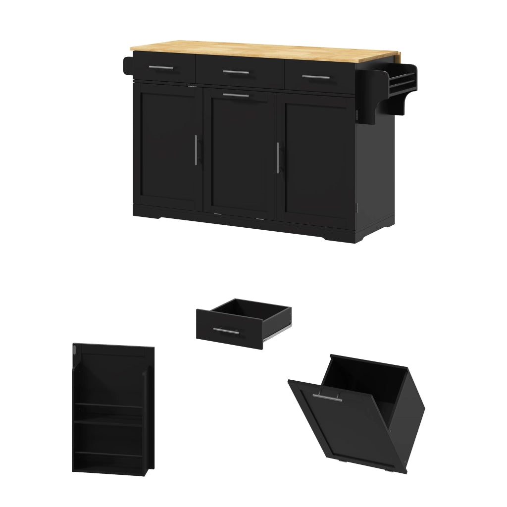 Isola cucina mobile con piano ribaltabile, carrello su ruote con 3 cassetti grandi, 2 ante e vano pattumiera, 136x50(75)x92 cm