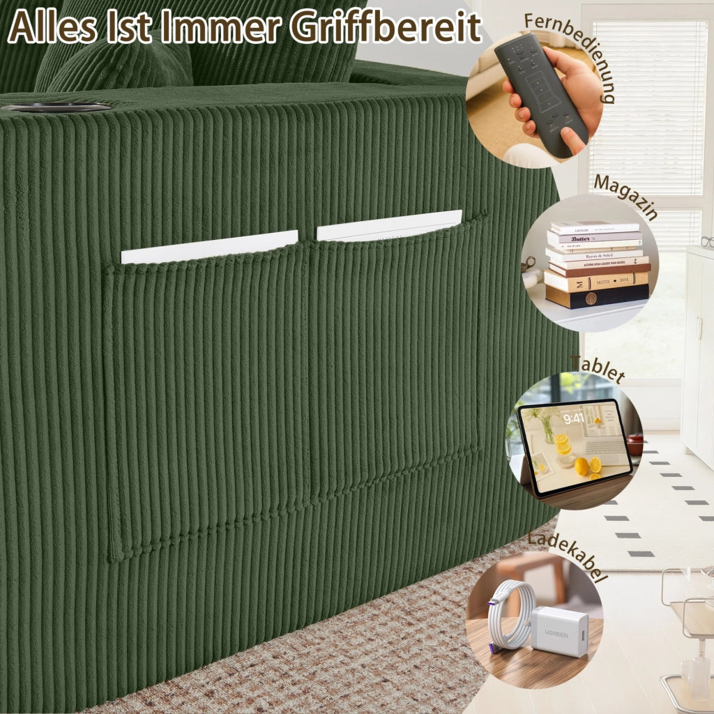 Divano angolare modulare 3 posti con 2 pouf mobili; portabicchieri e tasche laterali; verde