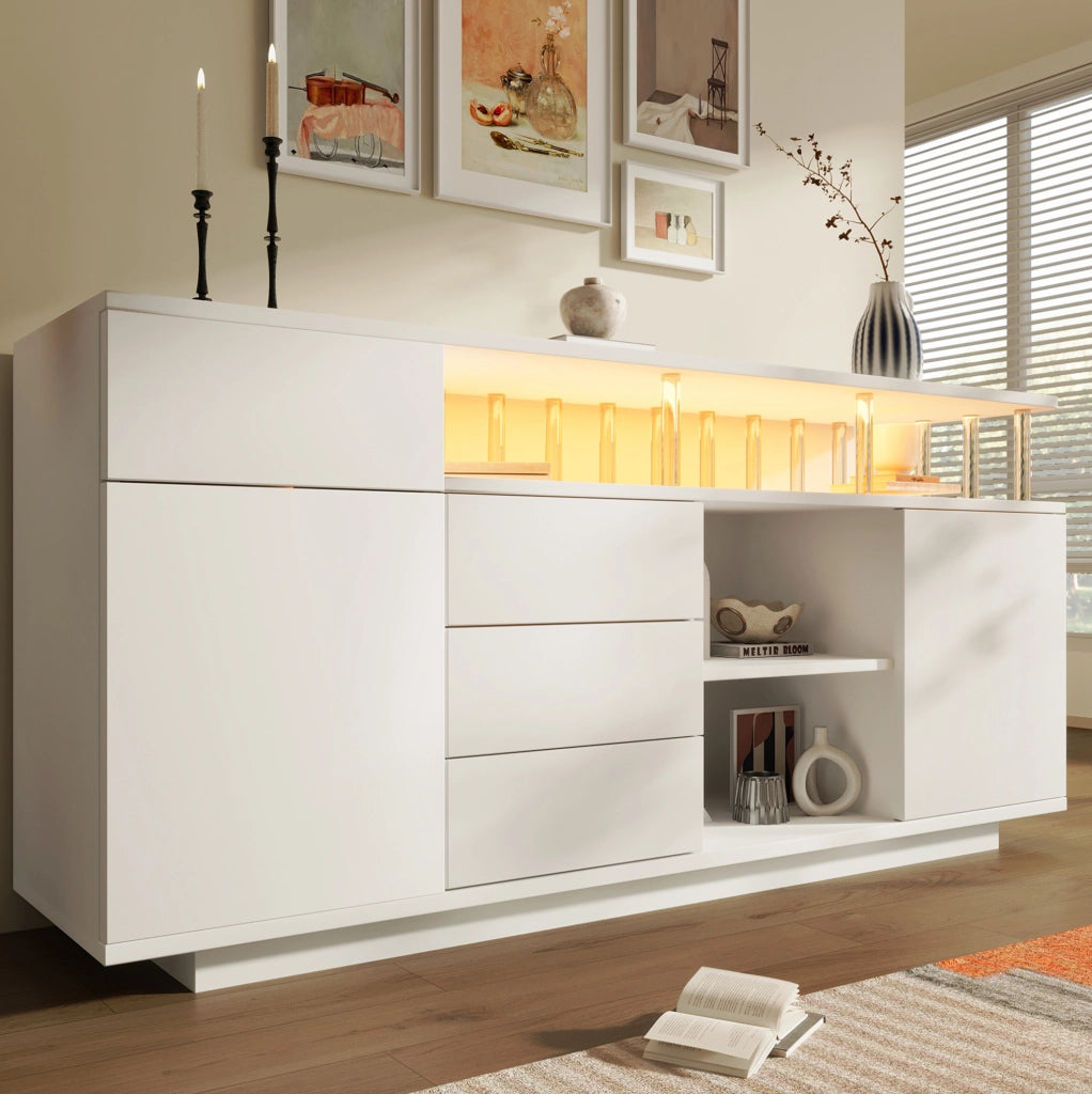 Credenza 160x40x75 cm bianca in MDF con LED, 4 cassetti e 2 ante HAVRYA