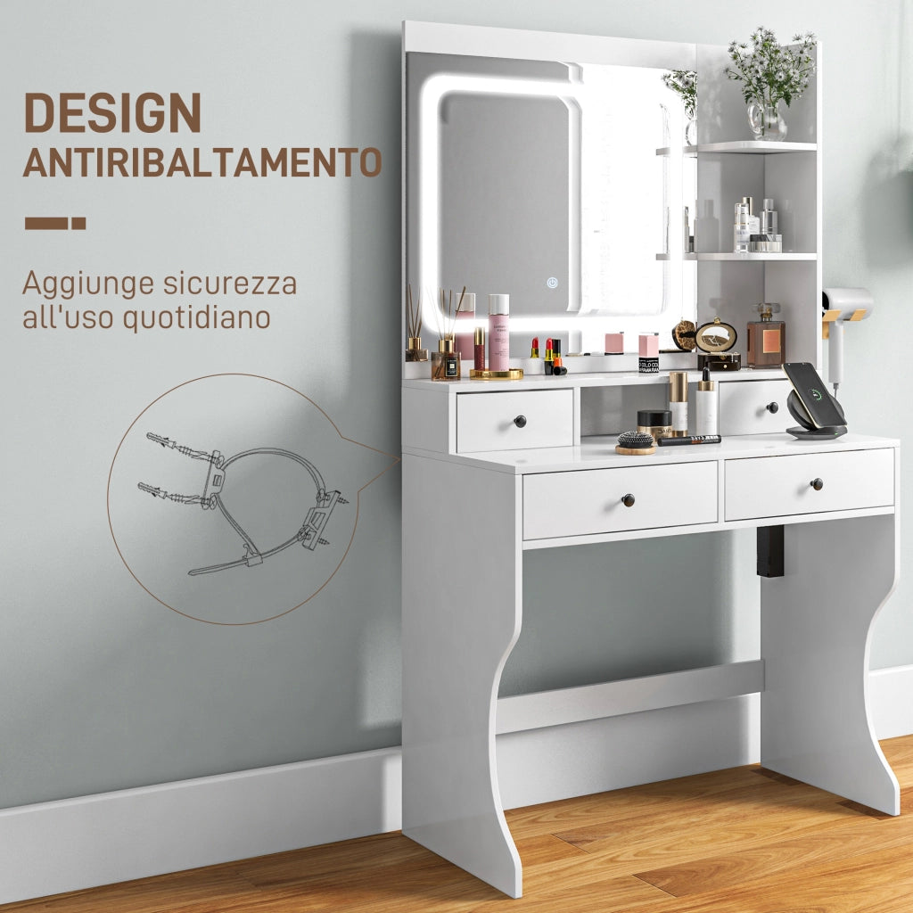 Toeletta da Trucco con Specchio Luci LED 3 Tonalità, Prese USB, 4 Cassetti e Mensole, Design Moderno, 90x45x160cm, Bianco
